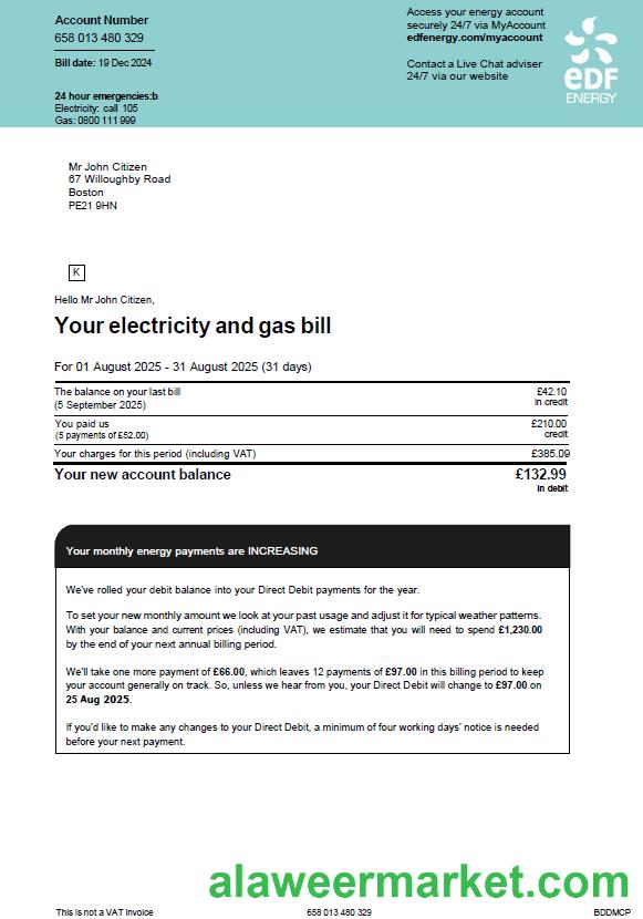 France EDF utility bill template in Word and PDF formats, version 2